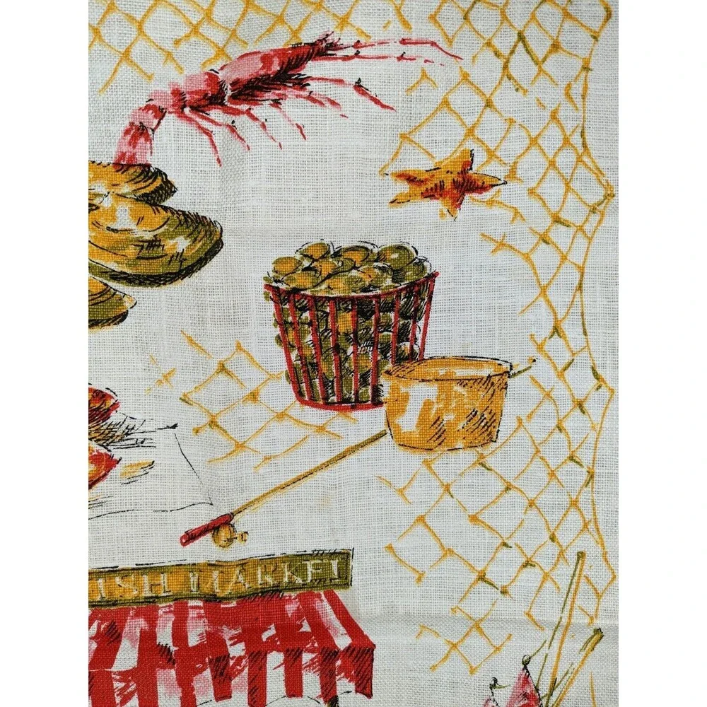 Vintage Polish Linen Tea Towel Screen Print Fish Market Unused Mint